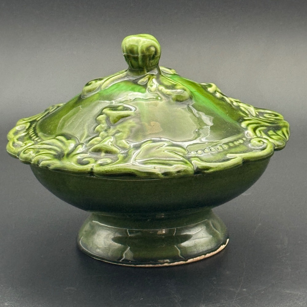 Vintage Majolica Green Glazed Lidded Pedestal Bowl Ceramic Relief Decor 5in
